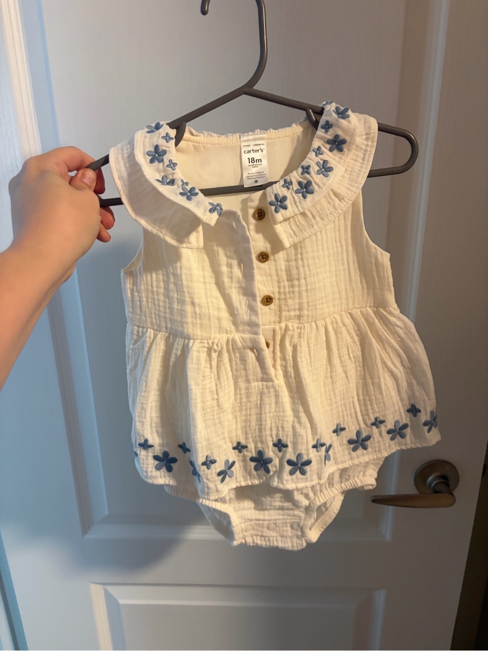 Carter's Cream Sleeveless Baby Romper with Blue Floral Trim